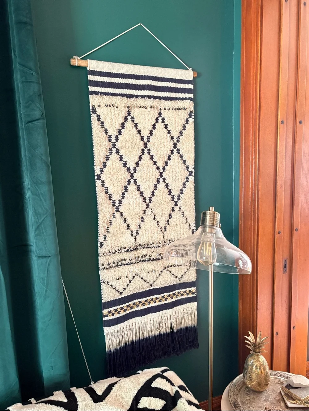 Anthropologie Handwoven Cream and Black Diamond Wall Hanging - Home Wall Decor